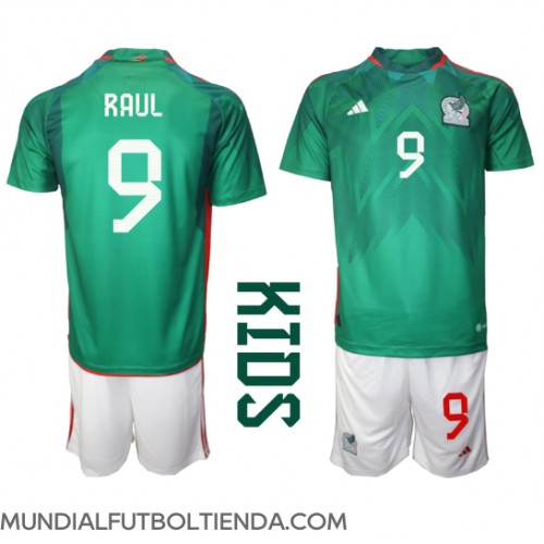 Camiseta México Raul Jimenez #9 Primera Equipación Replica Mundial 2022 para niños mangas cortas (+ Pantalones cortos)